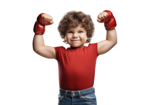Little boy, little superhero shows off his muscular strength. isolated on transparent background,png file