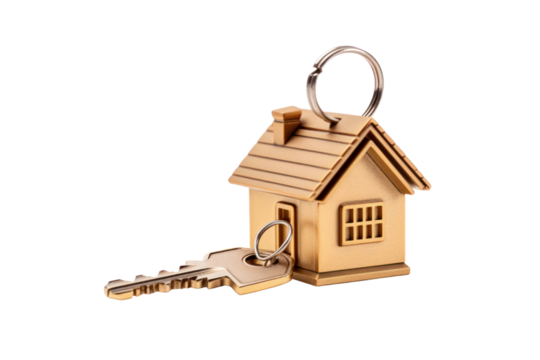 House key with house shaped keychain isolated on transparent background,png file