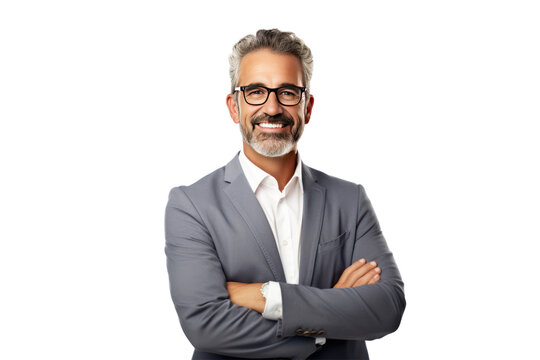Happy middle-aged businessman CEO wearing a suit stands, smiling. isolated on transparent background,png file