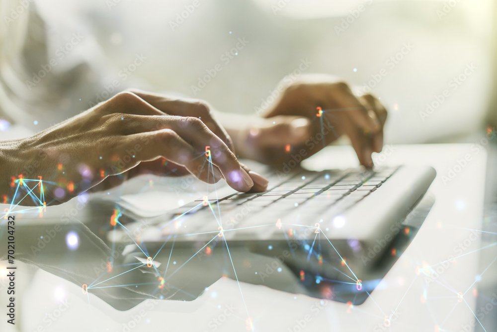 Poster double exposure of technology hologram and hands typing on laptop on background. research and develo