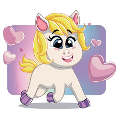 Cute running pony over colorful background with hearts.