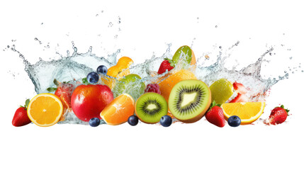 Collection of mixed fruit pieces falling in juice splash isolated on transparent background,png file