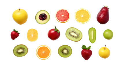Flat lay, top view, berries, apple, strawberry, pomegranate, mango, avocado, orange, lemon, kiwi, isolated on transparent background,png file