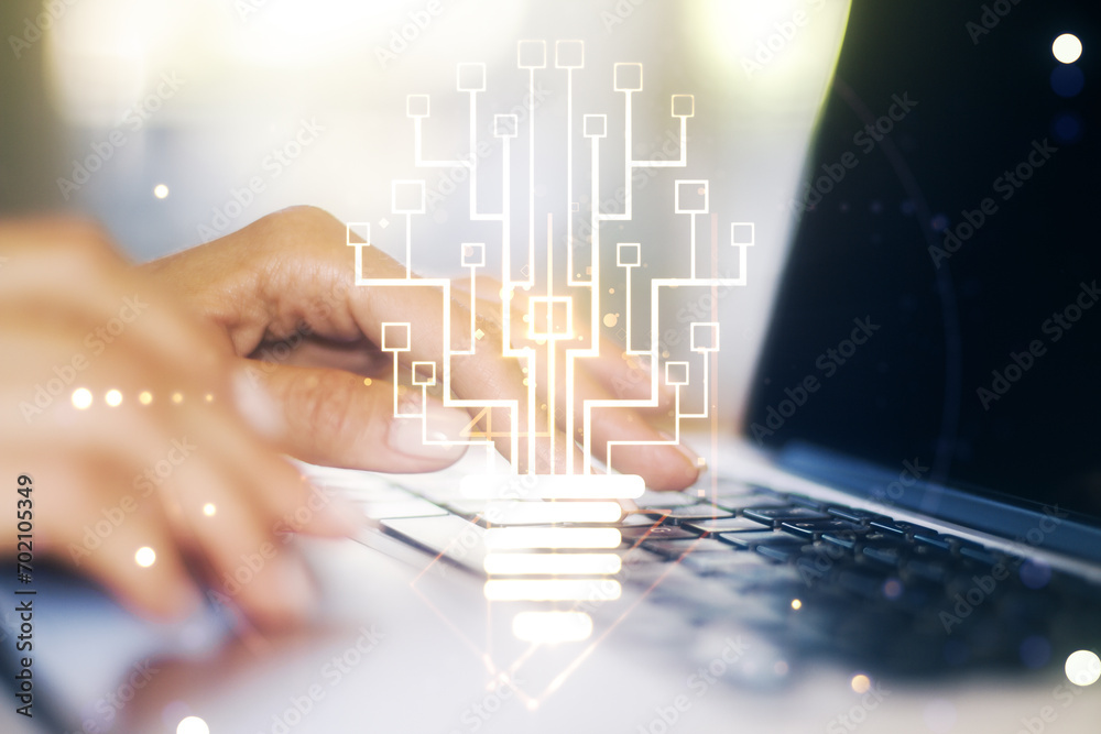 Fototapete creative light bulb with chip hologram and hands typing on computer keyboard on background, artifici