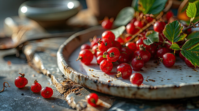Focus of scattered organic buffaloberries on a white ceramic plate with a few berries fallen on the grey surface in soft daylight
