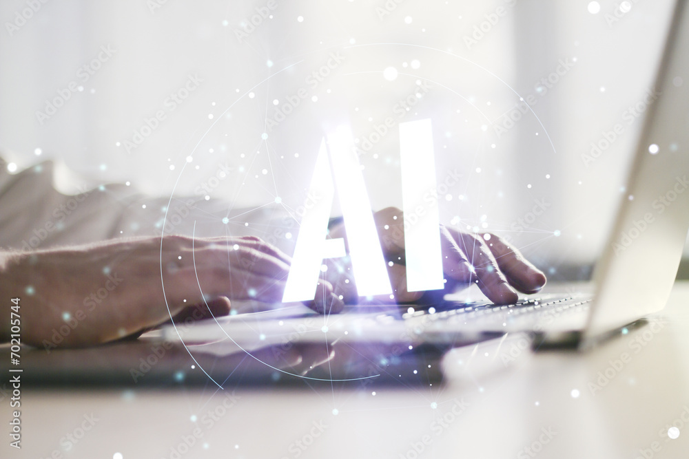 Poster creative artificial intelligence symbol concept with hands typing on laptop on background. multiexpo