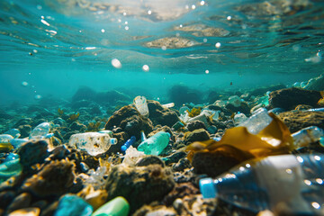 Plastic water bottles and bags floating in ocean landscape, spilled garbage microplastics covering on beach, pollution problem concept, Unhealthy environment problem.