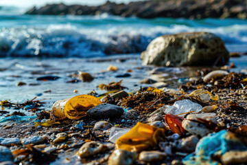 Obraz premium Plastic water bottles and bags floating in ocean landscape, spilled garbage microplastics covering on beach, pollution problem concept, Unhealthy environment problem.