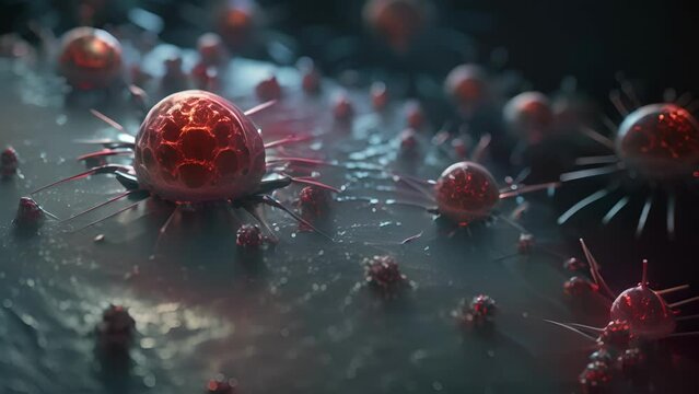 A detailed of a nanobot interacting with a virus, effectively inhibiting its ability to replicate and spread throughout the body.