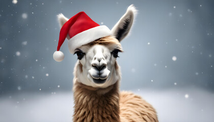 Festive Llama with Christmas Hat on Blue Background