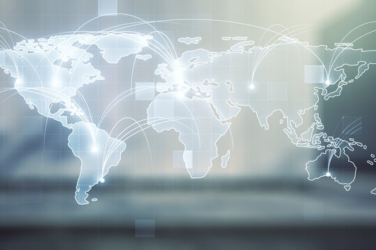 Abstract graphic digital world map hologram with connections on blurry contemporary office building background, globalization concept. Multiexposure - Powered by Adobe