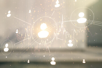 Obraz premium Double exposure of abstract virtual social network icons on modern business center exterior background. Marketing and promotion concept