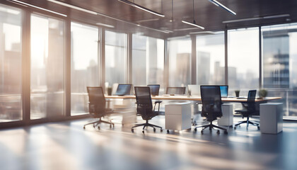 Beautiful Blurred Background of Light Modern Office Interior - Panoramic Windows and Stunning Lighting