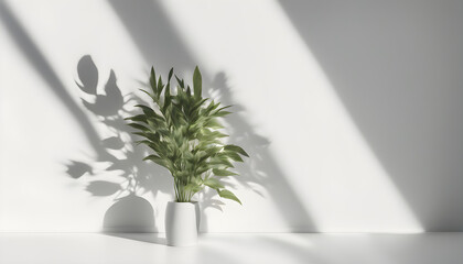 Blurred Shadow from Leaves Plants on White Wall - Minimal Abstract Background for Product Presentation