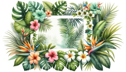 A lush watercolor frame of tropical foliage and blooms, with a parrot peeking through the greenery, radiates vibrant life.