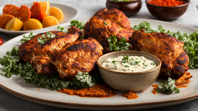 Showcase the bold flavors and textures of Indian tandoori chicken in this stock photo
