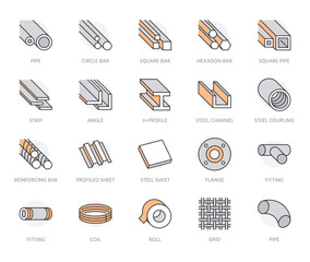 Stainless steel flat line icons set. Metal sheet, coil, strip, pipe, armature vector illustrations. Outline signs for metallurgy products, construction industry. Orange Color. Editable Strokes