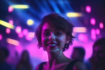 Portrait of a beautiful girl with short hair dancing in a nightclub 
