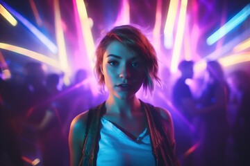 Fototapeta na wymiar Portrait of a beautiful girl with short hair dancing in a nightclub 