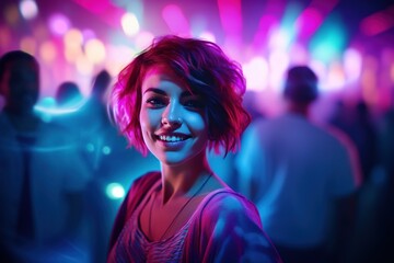 Portrait of a beautiful girl with short hair dancing in a nightclub 