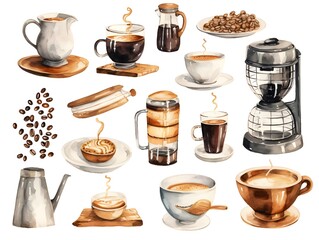 watercolor drawing item set of coffee shop cafe and bakery isolated on white background