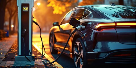 An electric car being charged at a charging station during twilight - Powered by Adobe