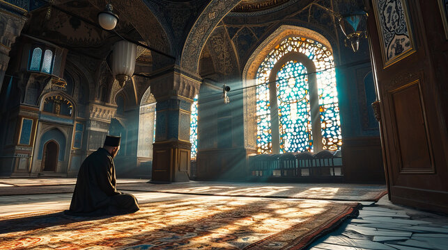 cinematic, long exposure photo, Islamic headman, an imam praying in mosque --ar 16:9 --style raw --stylize 250 --v 6 Job ID: 9b8841f3-f511-4f40-a80c-a316f7a92a61