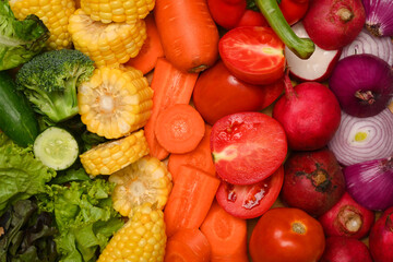 Colorful fresh organic vegetables background. Healthy food, vegetarian and nutrition concept.