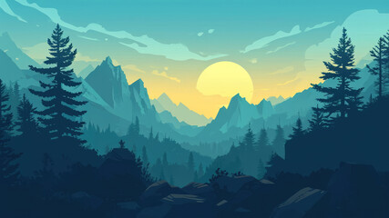 beautiful mountains illustration wallpaper - obrazy, fototapety, plakaty