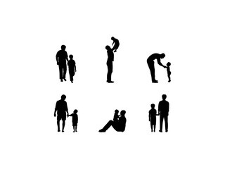 Set of Father And Son Silhouette in various poses isolated on white background