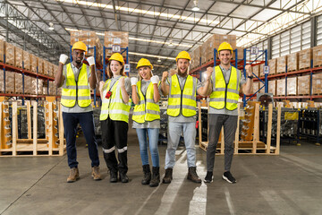 Professional warehouse worker team full skill quality for maintenance and training in industry factory workers, warehouse Workshop for factory operators, mechanical engineering team production. - obrazy, fototapety, plakaty