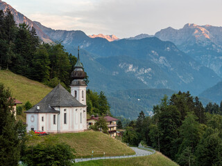 Fototapeta na wymiar Berchtesgaden Maria Gern Church view with a curved road and an awesome mountain view