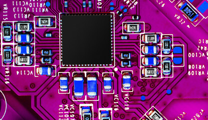 Close up of components and microchips on PC circuit board.