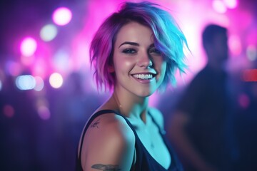 Naklejka premium Portrait of a beautiful girl with short hair dancing in a nightclub 
