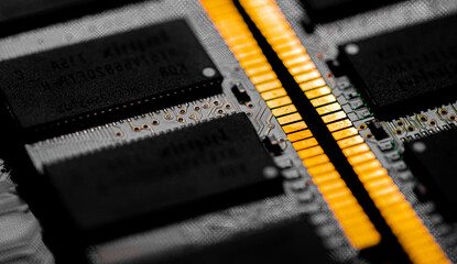 Macro Close up of computer RAM chip and motherboard - obrazy, fototapety, plakaty