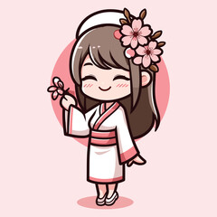 Free vector cute girl character celebrate Cherry Blossom Day 2024 cartoon flat isolated illustration