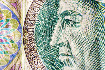 Polish King Władysław Jagiełło on 100 pln money banknote macro shot close-up
