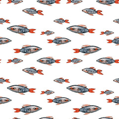 Watercolor drawing pattern from fish with red fins in different sizes on white background. Hand drawn for postcard, photoframe, wrapping paper, textile printing, banner, flyer, scrapbooking, wallpaper - 702111756