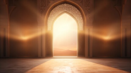 Mosque door with bright light background. copyspace - generative ai