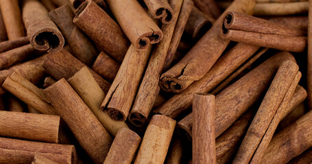 Heap of cinnamon sticks, close up