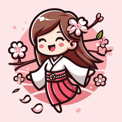 Free vector cute girl character celebrate Cherry Blossom Day 2024 cartoon flat isolated illustration