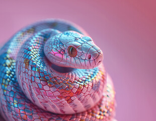 A Pastel Hued Beautiful Iridescent Cobra Serpent Snake on a Pastel Pink Background