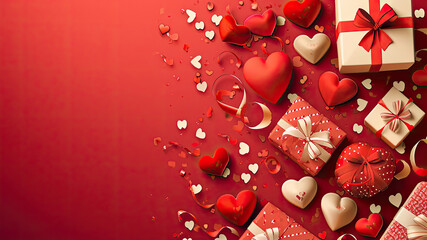 greeting card with gift and love ornaments on a red background