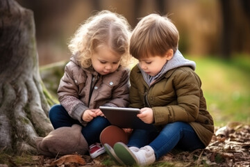 Two children using a tablet outdoors, Concept: digital learning in nature.