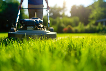 Lawn mower cutting vibrant green grass. Displays home lawn care concept. - obrazy, fototapety, plakaty