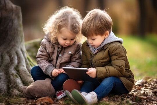 Two children using a tablet outdoors, Concept: digital learning in nature.