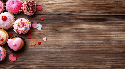 Valentine's Day card, sweets on a wooden table, hearts, copy space