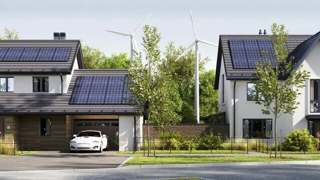 Energy-Independent Town with Solar Panels and Wind Turbines
