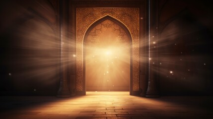 Mosque door with bright light background. copyspace - generative ai - obrazy, fototapety, plakaty