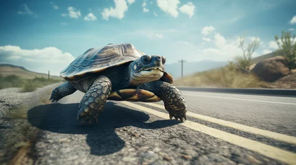 Tuinposter A sea turtle crosses the road © khan